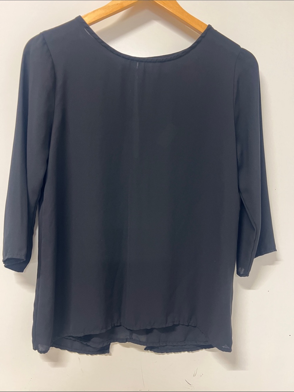 Everly Black Top/Blouse, Small, V Back with Cape Style Opening, 3/4 Sleeve